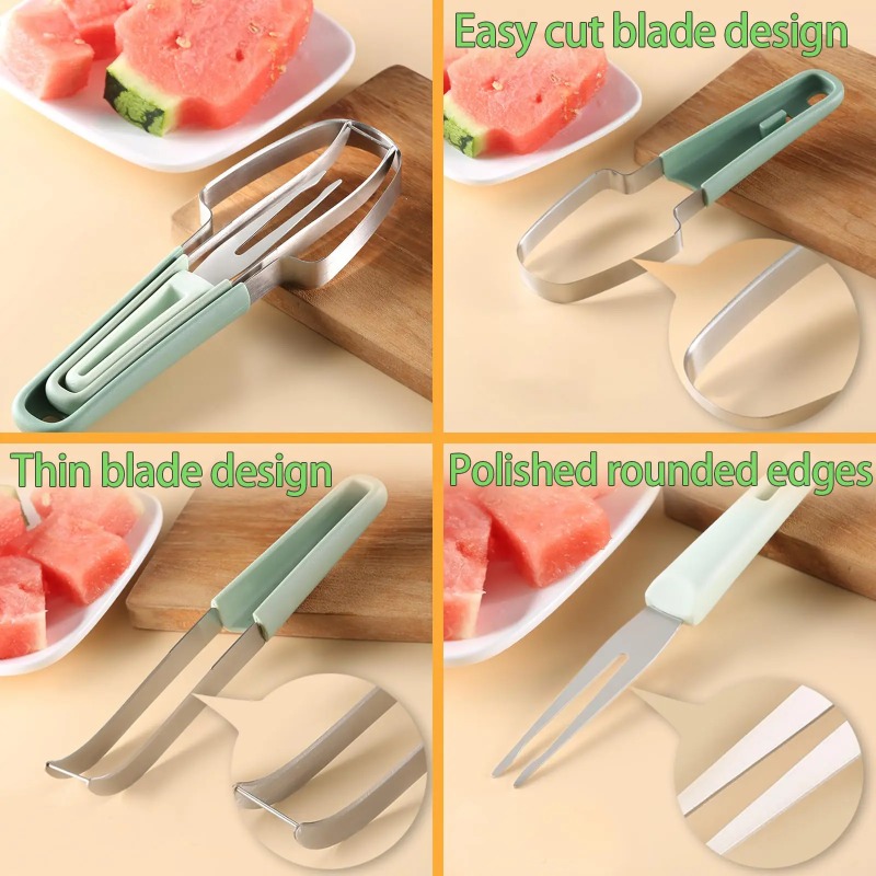 Watermelon Slicer Cutter - ชุดมีดส้อมตัดแตงโม 3-in-1 สำหรับใช้ในครัวเรือน ทำจากสแตนเลส