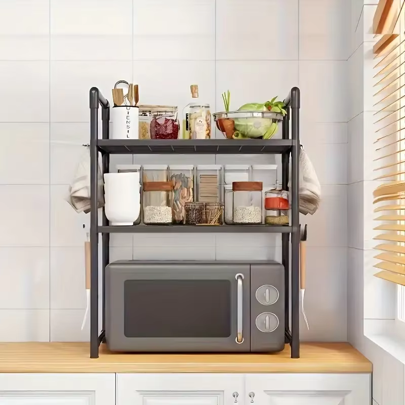 Kitchen Gadgets And Utensils - ชั้นวางของแบบปรับได้/วางซ้อนกันได้/พับได้/ยืดหดได้สำหรับปีใหม่ - มีหลายรุ่นให้เลือก ชั้นวางของโลหะแข็งแรงพร้อมชั้นวางด้านบนและด้านล่าง ชั้นวางไมโครเวฟประหยัดพื้นที่และชั้นวางอุปกรณ์ขนาดเล็ก/ชั้นวางเครื่องปรุง/ชั้นวางอุปกรณ์ครัวพร้อมตะขอ -