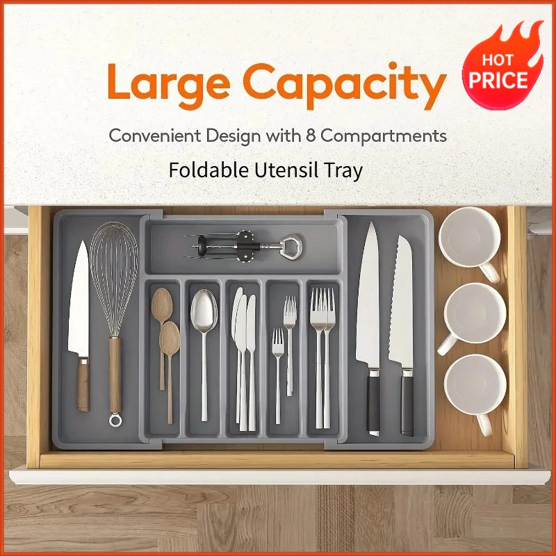Kitchen Gadgets And Utensils - ที่จัดระเบียบช้อนส้อมแบบปรับได้ 1 ชิ้น – ที่จัดระเบียบลิ้นชักอเนกประสงค์พลาสติกสำหรับอุปกรณ์ครัว