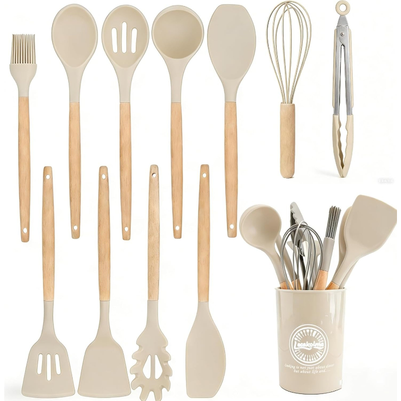 Kitchen Gadgets And Utensils - ชุดอุปกรณ์ครัวซิลิโคนด้ามไม้ 14 ชิ้น ชุดเครื่องครัวแบบไม่ติดกระทะ พร้อมถังเก็บอุปกรณ์ทำครัว